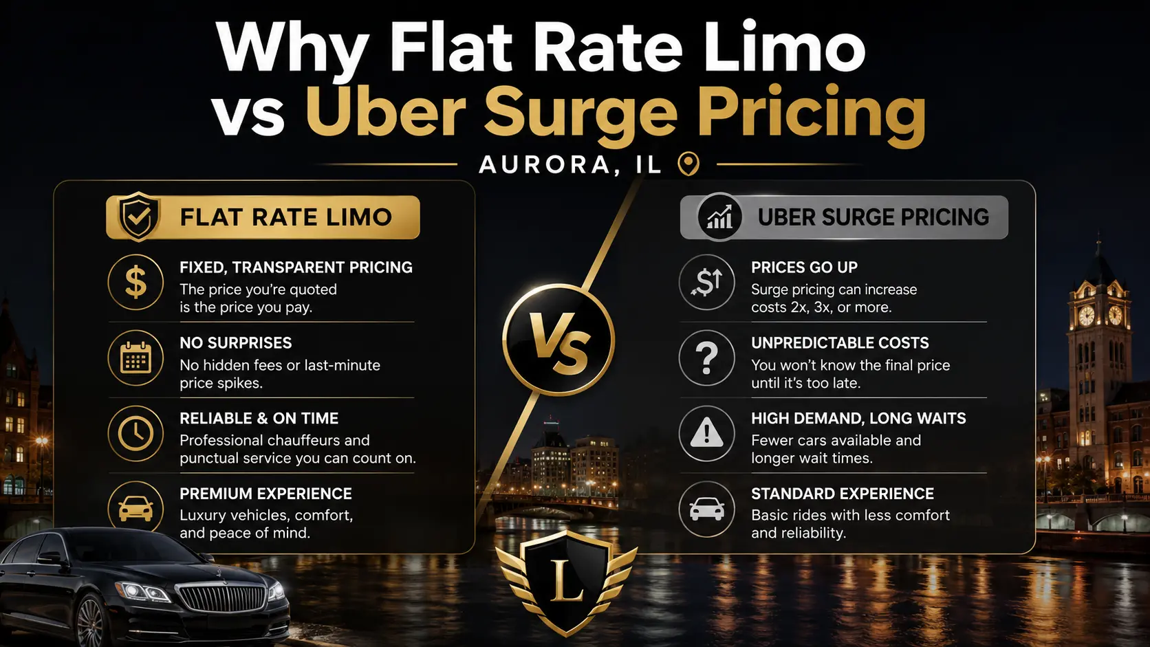 flat rate limo vs Uber surge pricing Aurora IL